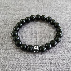 [LX] Black Pearl Stone Elastic Bracelet With Personalised Alphabet ABC Letter Gelang Minik Hitam Dengan Huruf Untuk Couple