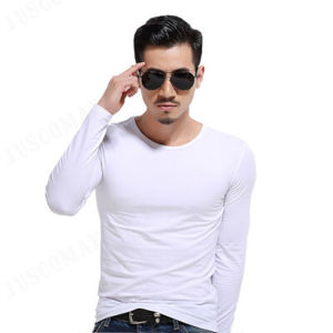Mens T-shirt Long Sleeves Slim-fit Pure Color Round Collar Undershirt