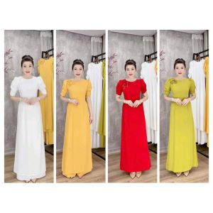 Áo dài truyền thống ( GIÁ TẠI XƯỞNG) cổ tròn tay bồng đính kết 3bông co giãn thấm hút mồ hôi