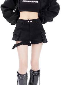 COD  Womens American-Style Khaki Cargo Shorts 2024 Summer Slimming Wide Leg a Word Hot Pants High Waist Large Pocket Denim Shorts  Sem