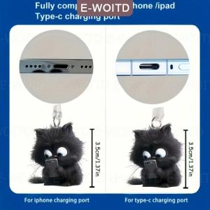1ชิ้น2D อะคริลิคจี้แบนน่ารักสีดำโทรศัพท์แมวปลั๊กกันฝุ่นพวงกุญแจสำหรับโทรศัพท์ Type-C อินเตอร์เฟซของตกแต่งปลั๊กฝุ่น