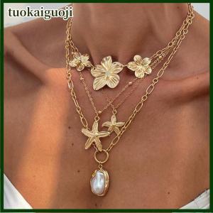 tuokaiguoji Fashion Stainless Steel Starfish Flower Imitation Pendant Necklaces For Women Beach Party Stackable Jewelry