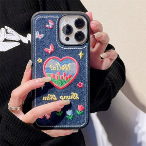 EGuanJia Denim Cloth Embroidery Love Heart Tulip Phone Case For iPhone 15 14 Pro Max Plus 13 12 11 Pro Max Fashion Flower Butterfly Phone Casing Shockproof Phone Cover Shell