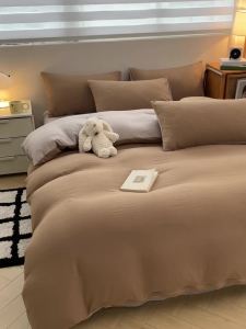 a Super Soft Washed Cotton Duvet Cover Bed Sheet Four-Piece Set Solid Color Student Bed Three-Piece Set Four Seasons A Class Maternal and Child Grade LZD