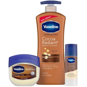 Vaseline Intensive Care Cocoa Radiant Lotion 20.3 oz Bundled with Moisturizing ing Jelly Butter 7.5 and Shimmer Stick 1.4 oz Moisturized Skin Light Scent