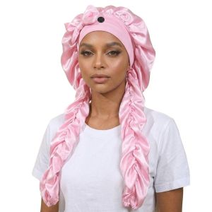 MIRELINA Chất liệu satin Mũ ngủ Dải ruy băng uốn cong dài Thiết kế chống trượt Mũ Satin Sành điệu Vải mềm Mũ uốn tóc không cần nhiệt Để ngủ