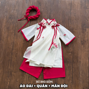 AD50 Áo dài Tết cách tân Mẹ và Bé gái tơ thêu đỏ trắng HOA AN mặc đi chơi chụp ảnh RIOKIDS