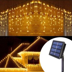Solar Led Icicle Curtain String Lights Waterproof Outdoor Hanging Fairy Light Raya Eid Decoration