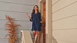 RUMIA  Womens Summer Dress  2025 V  Collar pleated short-sleeved loose casual dress with pockets