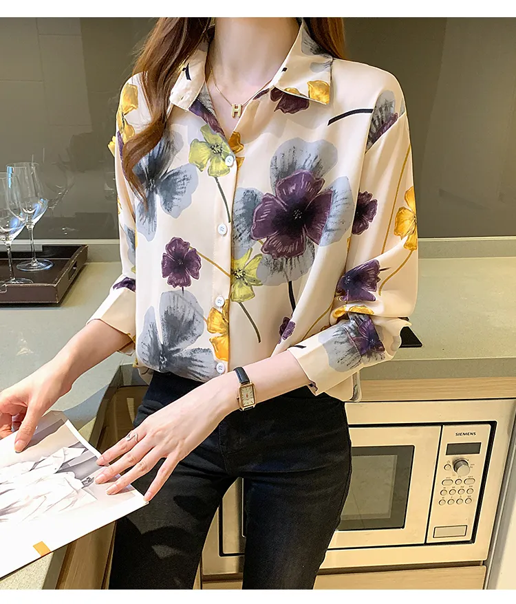 Vintage Shirt Women Long Sleeve Chiffon Floral Blouse Plus Size Casual Top  Woman Shirts