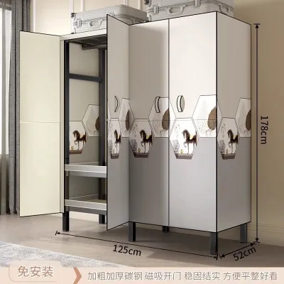 Wardrobes Open Storage Cupboard Closet Cupboard Cabinet Wardrobe For Clothes Open-Door Bold Reinforcement Thickened Metal Storage Cabinet for Rental House Wardrobes Open Storage Cupboard