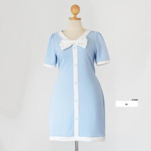 2718R ชุดเดรสผ้ายืดมูลเวฟเเต่งโบว์ทรงสอบ