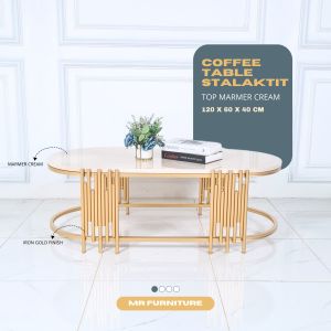 meja tamu oval stalaktit gold top marmer krem