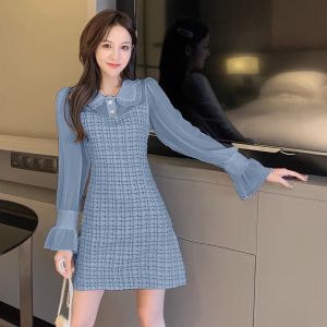 D11793 Tweed Mini Dress w/ Chiffon Long Sleeves