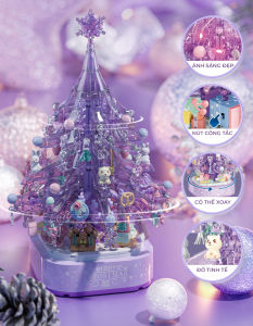Hộp Âm Nhạc Giáng Sinh Lên Dây Cót Lắp Ghép Cây Thông Tím Mộng Mơ Có Đèn Và Xoay Tròn