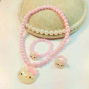 4‑Pieces Hello Kitty Children Jewelry Set Cute Cartoon Princess Necklace Bracelet and Ring Accessories Fashion Kiddie Ornament Ideal Birthday and Party Gift for Little Girls