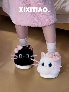 WY-XIXITIAO Cute Bowknot Warm Cotton Slippers for Women Winter Fashion Comfortable Soft Adorable Kitten Heel ins New style Furry Shoes