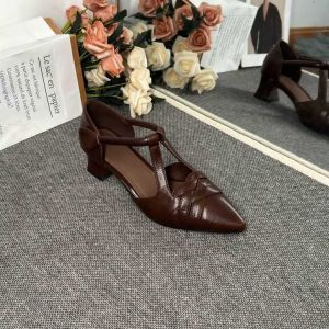 [Free Shipping] Baotou WomenS Autumn New Pointed-Toe Stiletto Heels With A Single-Strap Velcro Closure And Soft Leather Woven High Heels