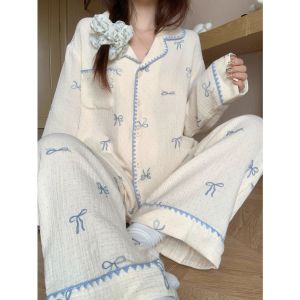 Ins Hot Sweet Sleepwear Womens Spring and Autumn Long Sleeved Sleepwear Set Loose Home Clothing Can Be Worn Outside