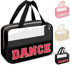 Preppy Clear Baby Makeup Bags with Chenille Letter Patches Travel Essentials Large Clear Make up Bag Zipper Pouch with Handle Waterproof Nylon Cosmetic Toiletry Storage Tote for Women (BABY-Beige)
