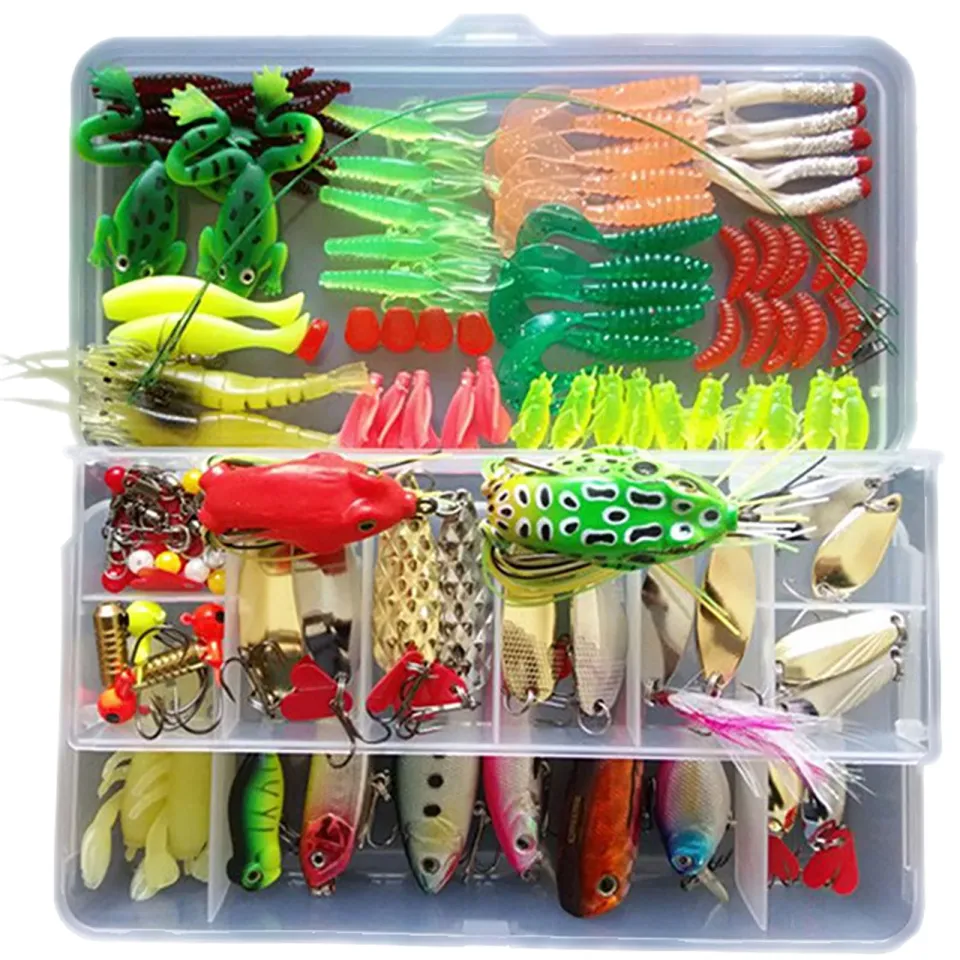Portable Fishing Lures Kit Fake Bait Frog Minnow Soft Bait Hook Set With Fishing  Tackle Box For Freshwater Seawater