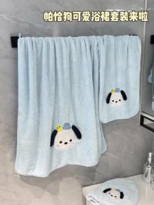 Cute three piece bath towel set can be worn or wrapped button style bathrobe elongated absorbent and quick drying large towel dry hair cap