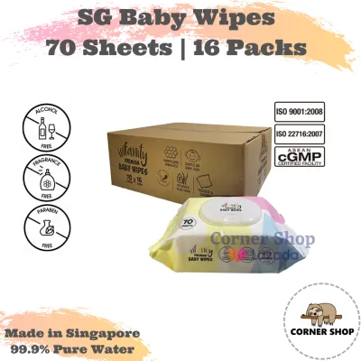 Made in Singapore Premium Baby Wipes 70 sheets x 16 packs - Wet Wipe Cap Opening By Infanity