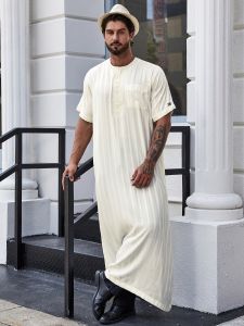 Middle East DUBAI Turkish Muslim Mens Short Sleeve Solid Color Mid-Length Blouse Male  thobe 181-18