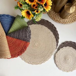 WH 2PCS Woven Placemats Heat Insulation Mat Round Table Mats Dining Table Potholder Coaster Party Wedding Home Decoration Props