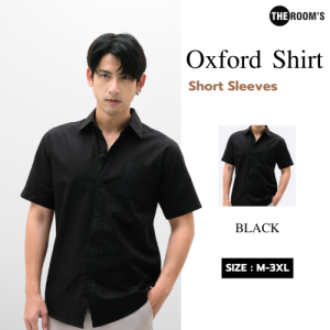 THE ROOMS - เดอะรูม เสื้อเชิ้ต คอปก สีดำ Oxford แขนสั้น รีดง่าย ใส่สบาย
