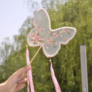 FDYRU Long Handle Chinese Style Fan with Tassels Handheld Circular Fan Vintage Decorative Hanfu Fan Dance