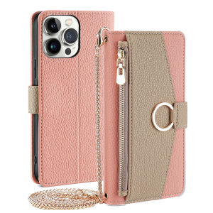 for iPhone 16 Pro Max 16 Plus 16e 17e Wallet Leather Case with Metal Strap Zipper Flip Cover wtih Card Slots Stand Ring