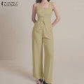 ZANZEA Women Fashion Square Neck Sleeveless Button Up Vests Straight Long Pants Plain Office Two-piece Outfits #0825. 