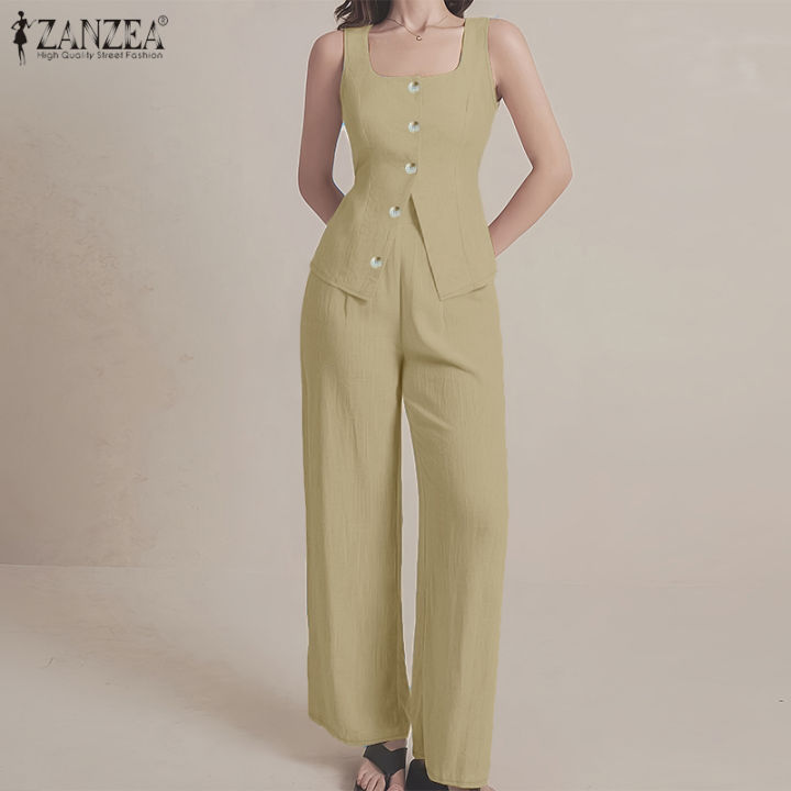 ZANZEA%20Women%20Fashion%20Square%20Neck%20Sleeveless%20Button%20Up%20Vests%20Straight%20Long%20Pants%20Plain%20Office%20Two-piece%20Outfits%20#0825%20-%20Image%203
