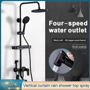 JMW-001 Shower Set With Faucet 304 Stainless Steel Bathroom Four In One Square Shower Set With Rain Shower Head High Pressure Sprayer Storage Rack Phone Shower Head Four Way Wall Mount Height Adjustable 360ᄚ Swivel Hot And Cold Water Saving Shower Set