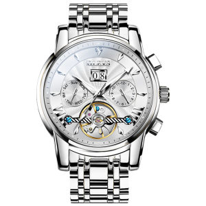 OLEVS 9965 Men Fashion Mechanical Watch Round-dial Stainless Steel Watchband Wristwatch Month Display Week Display Calendar