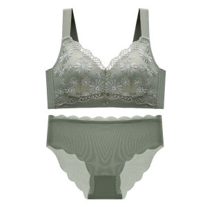 Triumphˉ Comfortable bra without underwire Inner layering Latex back buckle fixed women Push-up bra + lace briefs 2 pack Lingerie Sets Suitable for large breasts