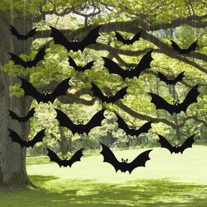 (18 Pcs) Hanging Bats Halloween Decoration Outside Large Flying Plastic Bats Outdoor Decor 3 Different Sizes with Cute Eye Stickers for Hanging in The Tree Porch Yard Lawn Indoor