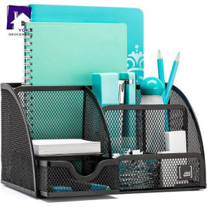 Premium 7 in 1 Desktop Organizer Metal Mesh Desk Pen Holder with Drawer School Office Supplies Storage Compartment Rack Home Organizer Anti-Rust Sturdy Design for Students and Teachers