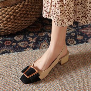 Komfanee 2023 closed shoes office shoes Color block square toe chunky black strap soft leather French square button shoes