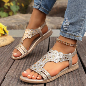 2026 New WomenS Flat Shoes Bohemian Ethnic Style Flower Rhinestone Comfortable Versatile Open-Toe WomenS Sandals