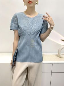 ☽ Aiden001 Average Size (45-70Kg) Pleated Top Womens Summer T-Shirt Half-Fold Slim Pleated Loose Ironing Free S23027