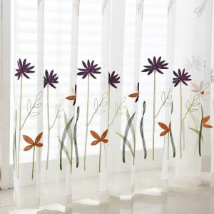 AnneyOneDecor Embroidered Floral Window Curtain Simple Country Style Bedroom Hook Type Sheer Curtain Fashion Tulle for Windows