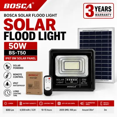 BOSCA 3 Year Warranty 50W Solar Led Outdoor Flood Light Street Lamp IP67 Waterproof With Remote BS-T
