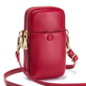 New soft cowhide phone bag for women vertical crossbody small bag genuine leather fashionable Korean style double zipper shoulder bag large capacity