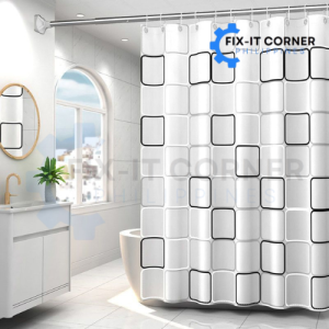 FIX-IT CORNER Waterproof Shower Curtain 180CM X180cm PEVA Material Reinforced Plastic Ring Hook Design for Bathroom
