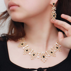 SEQUITO Luxury Bridal Yellow Gold Plated Pave Black CZ Stone Waterdrop Long Tassel Choker Necklace Earrings Women Unique Arab Style Wedding Party Jewelry Set SJ215