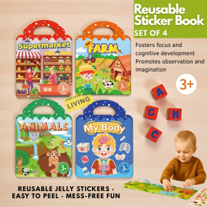 Montessori Reusable Sticker Book Set of 4 | Toddler Learning & Travel Quiet Toy | Animals Farm My Body Supermarket