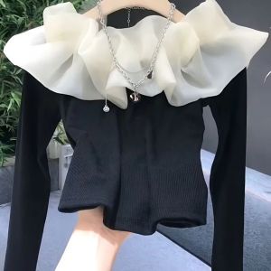 French style T-shirt shoulder splicing T-shirt womens spring and autumn new fashion temperament slim long-sleeved shirt2026