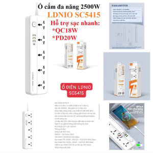 Ổ điện LDNIO SC5415 nhiều cổng công suất 2500w - Tích hợp Cổng sạc nhanh Type C PD3.0 20W QC3.0 18W dây dài 2m